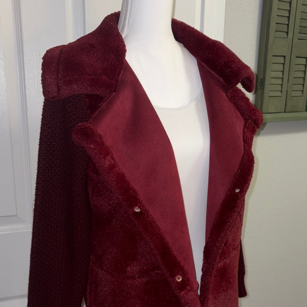 Burgundy Faux Fur and Knit Sweater Coat - Picture 3 of 16
